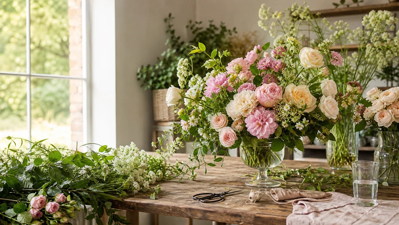 Sfeervolle tafel met bloemen voor een workshop bij Florali